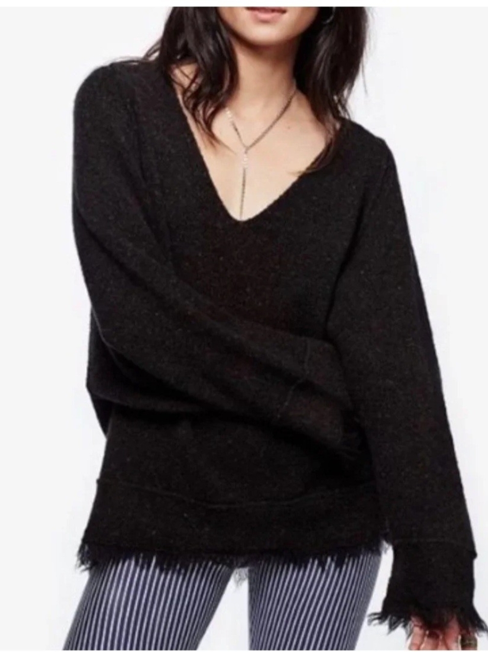 Free People Brown Wool Irresistible Fringe V-Neck Sweater Oversized